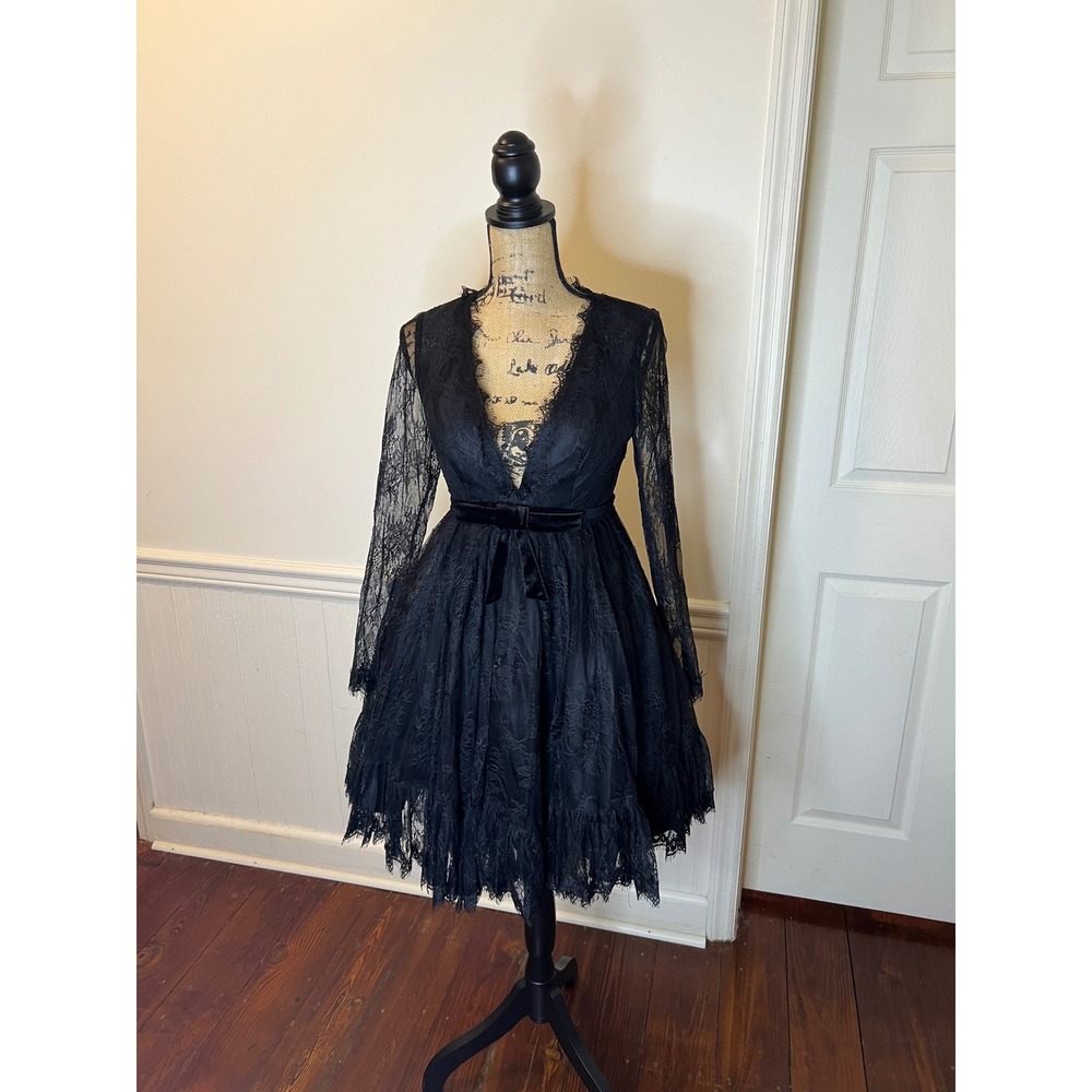 Mac Duggal 49794‎ size 2 black long sleeve lace babydoll dress - Picture 4 of 11